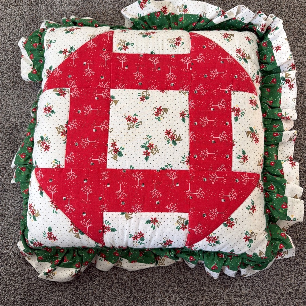 Vtg Christmas Fabric Handmade Quilted Throw Pillow 16" Square Poinsettias